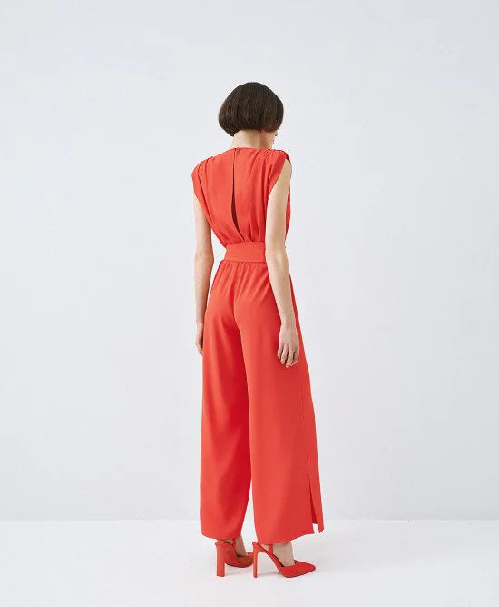 ACCESS Ολόσωμη φόρμα κρουαζέ με ζώνη / 63-5501 -  ACCESS FASHION- Κόκκινο / S-Κόκκινο / M-Κόκκινο / L-Κόκκινο / XL