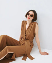 ACCESS Ολόσωμη φόρμα κρουαζέ με ζώνη / 63-5501 -  ACCESS FASHION- Καφέ / S-Καφέ / M-Καφέ / L-Καφέ / XL-Καφέ / XXL