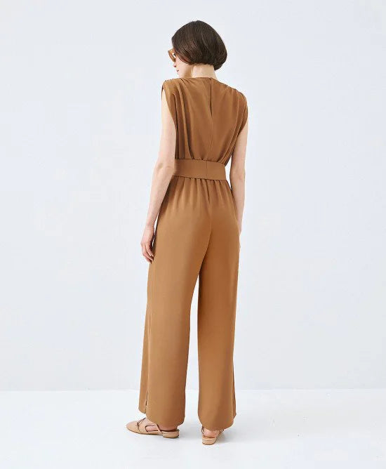 ACCESS Ολόσωμη φόρμα κρουαζέ με ζώνη / 63-5501 -  ACCESS FASHION- Καφέ / S-Καφέ / M-Καφέ / L-Καφέ / XL-Καφέ / XXL