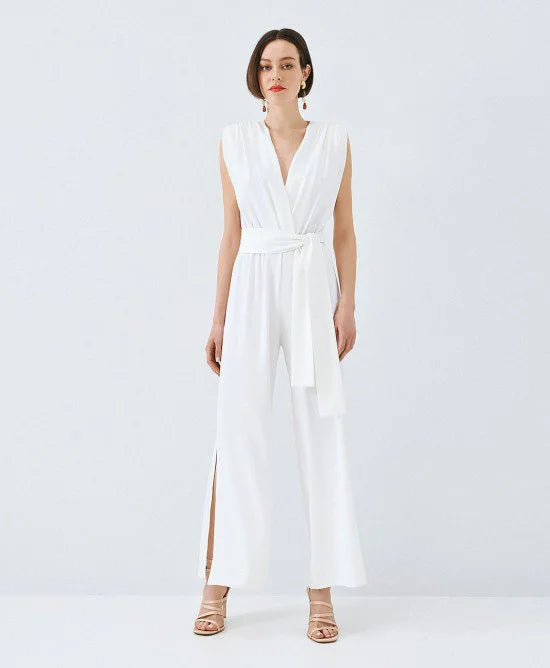 ACCESS Ολόσωμη φόρμα κρουαζέ με ζώνη / 63-5501 -  ACCESS FASHION- Λευκό / XS-Λευκό / S-Λευκό / M-Λευκό / L-Λευκό / XL