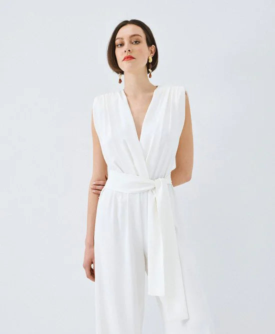 ACCESS Ολόσωμη φόρμα κρουαζέ με ζώνη / 63-5501 -  ACCESS FASHION- Λευκό / XS-Λευκό / S-Λευκό / M-Λευκό / L-Λευκό / XL