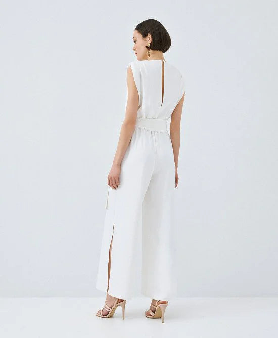 ACCESS Ολόσωμη φόρμα κρουαζέ με ζώνη / 63-5501 -  ACCESS FASHION- Λευκό / XS-Λευκό / S-Λευκό / M-Λευκό / L-Λευκό / XL