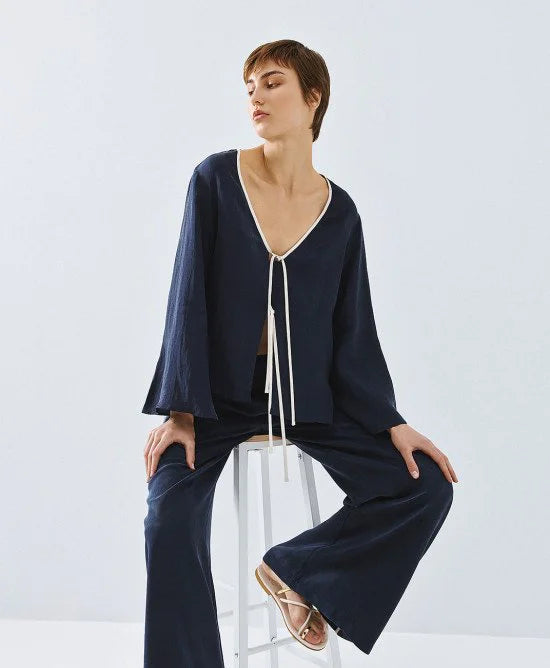 ACCESS Μπλούζα με ρέλι και δετά κορδόνια -  ACCESS FASHION- Navy / XS-Navy / S