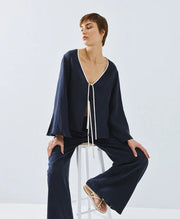 ACCESS Μπλούζα με ρέλι και δετά κορδόνια -  ACCESS FASHION- Navy / XS-Navy / S