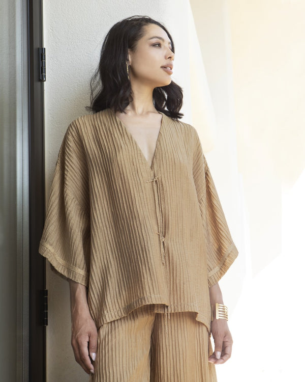 AGGEL Γκοφρέ Κιμονό με Πλεκτές Λεπτομέρειες -  AGGEL KNITWEAR- Χρυσό / L