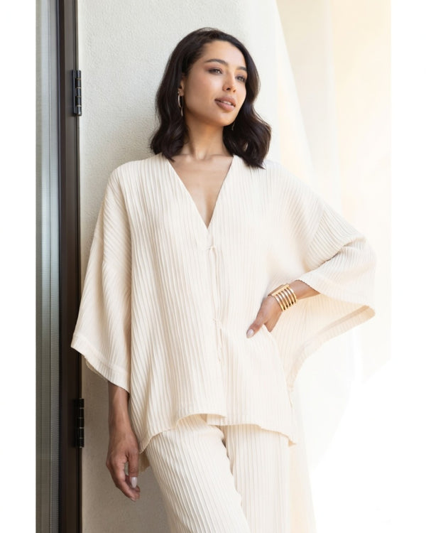 AGGEL Γκοφρέ Κιμονό με Πλεκτές Λεπτομέρειες -  AGGEL KNITWEAR- Λευκό / XS-Λευκό / M