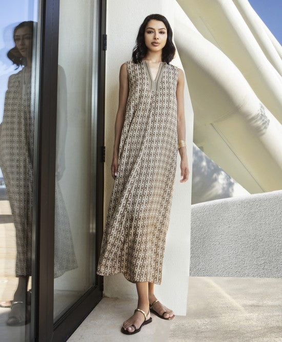 AGGEL Satin Geo Maxi Φόρεμα -  AGGEL KNITWEAR- Μπεζ / M-Μπεζ / XL