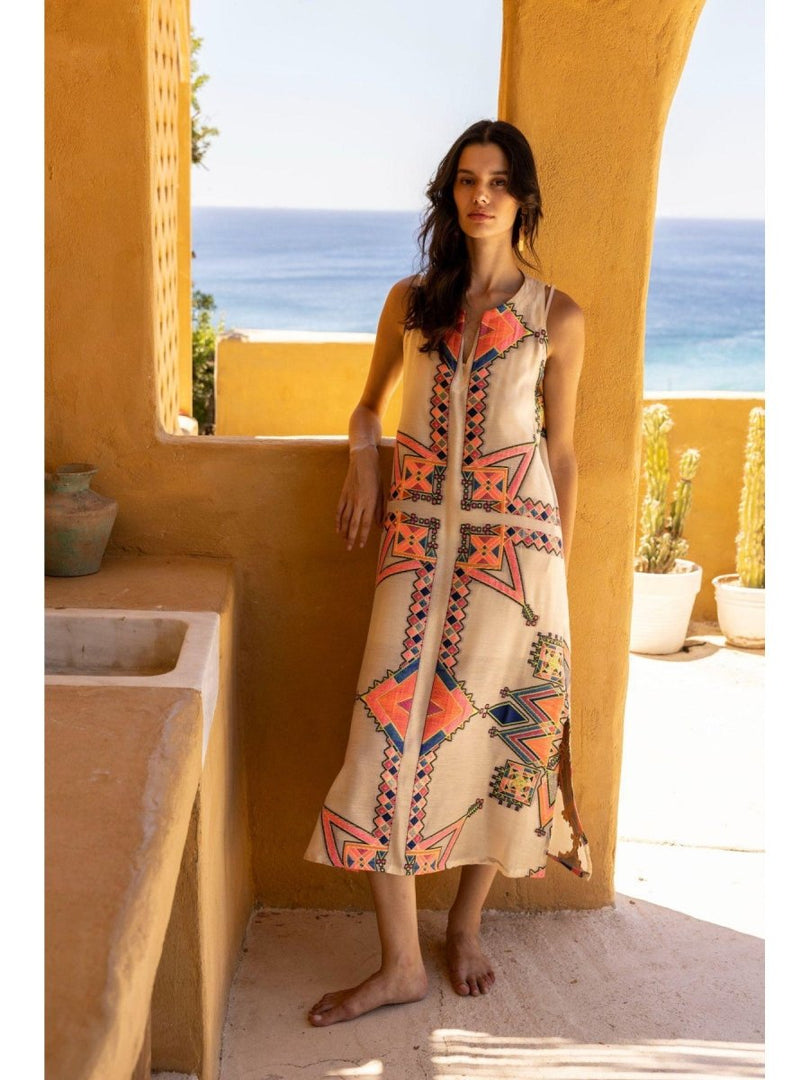Φόρεμα Daphne Κεντημένο Αμάνικο -  NEMA RESORTWEAR- S / Beige-M / Beige-L / Beige