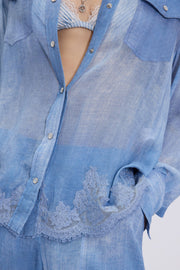 ERMANNO FIRENZE DENIM PRINT GEORGETE WITH LACE EMBROIDERED -  ERMANNO FIRENZE- Μπλε / 42-Μπλε / 46