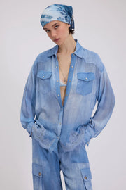ERMANNO FIRENZE DENIM PRINT GEORGETE WITH LACE EMBROIDERED -  ERMANNO FIRENZE- Μπλε / 42-Μπλε / 46