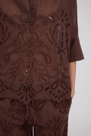 ERMANNO FIRENZE KIMONO MUSLIN SHIRT WITH BRODERIE ANGLAISE -  ERMANNO FIRENZE- Brown / 40-Brown / 44