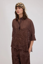 ERMANNO FIRENZE KIMONO MUSLIN SHIRT WITH BRODERIE ANGLAISE -  ERMANNO FIRENZE- Brown / 40-Brown / 44