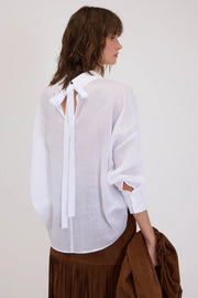 ERMANNO FIRENZE OVERSIZE RAMIE SHIRT WITH EMBROIDERY AND BACK RIBBON TIE -  ERMANNO FIRENZE- Λευκό / 38-Λευκό / 40-Λευκό / 42