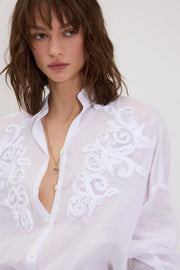 ERMANNO FIRENZE OVERSIZE RAMIE SHIRT WITH EMBROIDERY AND BACK RIBBON TIE -  ERMANNO FIRENZE- Λευκό / 38-Λευκό / 40-Λευκό / 42