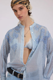 ERMANNO FIRENZE STRIPED SHIRT DENIM PRINT WITH LACE EMBROIDERED -  ERMANNO FIRENZE- Ριγέ / 38-Ριγέ / 42-Ριγέ / 44
