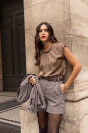 Σατέν μπλούζα με πιέτες καφέ -  LULUMARY- Brown / S-Brown / M-Brown / L