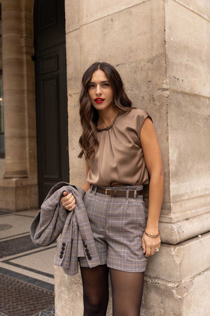 Σατέν μπλούζα με πιέτες καφέ -  LULUMARY- Brown / S-Brown / M-Brown / L