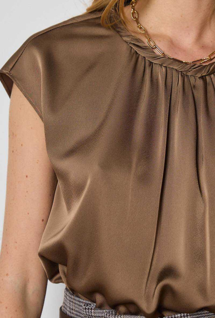 Σατέν μπλούζα με πιέτες καφέ -  LULUMARY- Brown / S-Brown / M-Brown / L