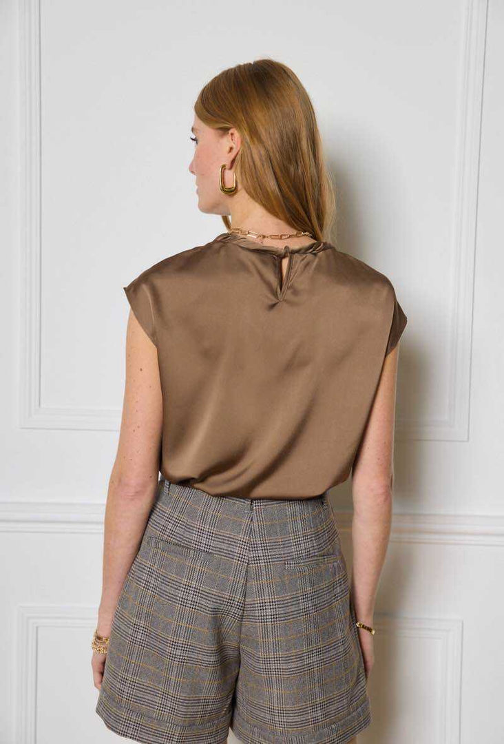 Σατέν μπλούζα με πιέτες καφέ -  LULUMARY- Brown / S-Brown / M-Brown / L