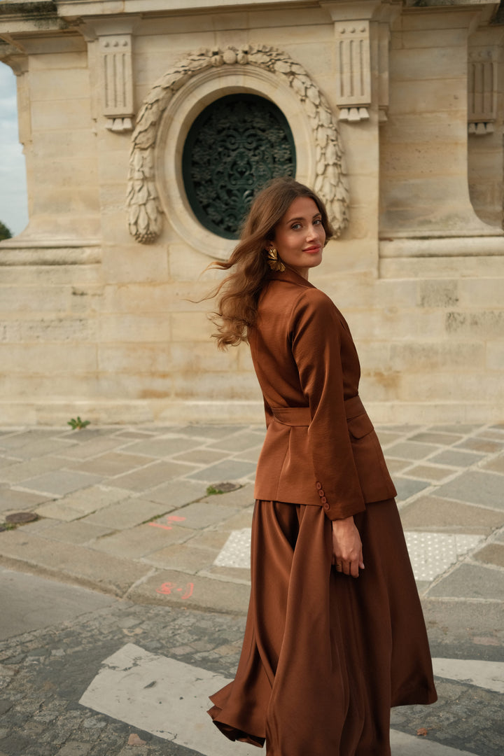 Σατέν σακάκι με ζώνη και κρόσσια καφέ -  LULUMARY- Brown / L-Brown / M-Brown / S