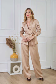 Σατέν παντελόνι με ίσια γραμμή μπεζ -  LULUMARY- Beige / M-Beige / L-Beige / S
