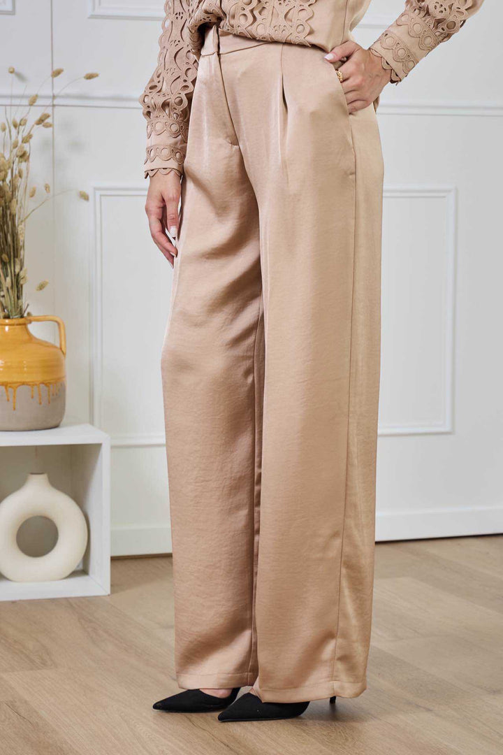 Σατέν παντελόνι με ίσια γραμμή μπεζ -  LULUMARY- Beige / M-Beige / L-Beige / S