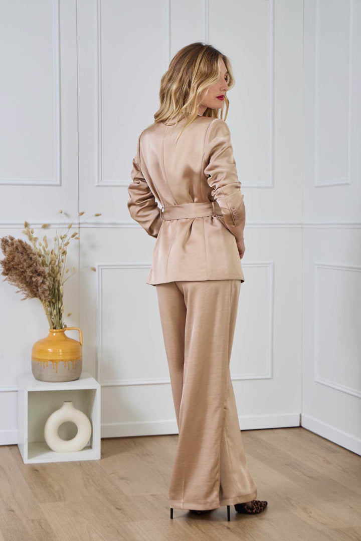 Σατέν παντελόνι με ίσια γραμμή μπεζ -  LULUMARY- Beige / M-Beige / L-Beige / S