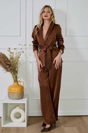 Σατέν παντελόνι σε ίσια γραμμή καφέ -  LULUMARY- Brown / M-Brown / L-Brown / S