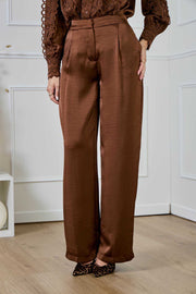 Σατέν παντελόνι σε ίσια γραμμή καφέ -  LULUMARY- Brown / M-Brown / L-Brown / S