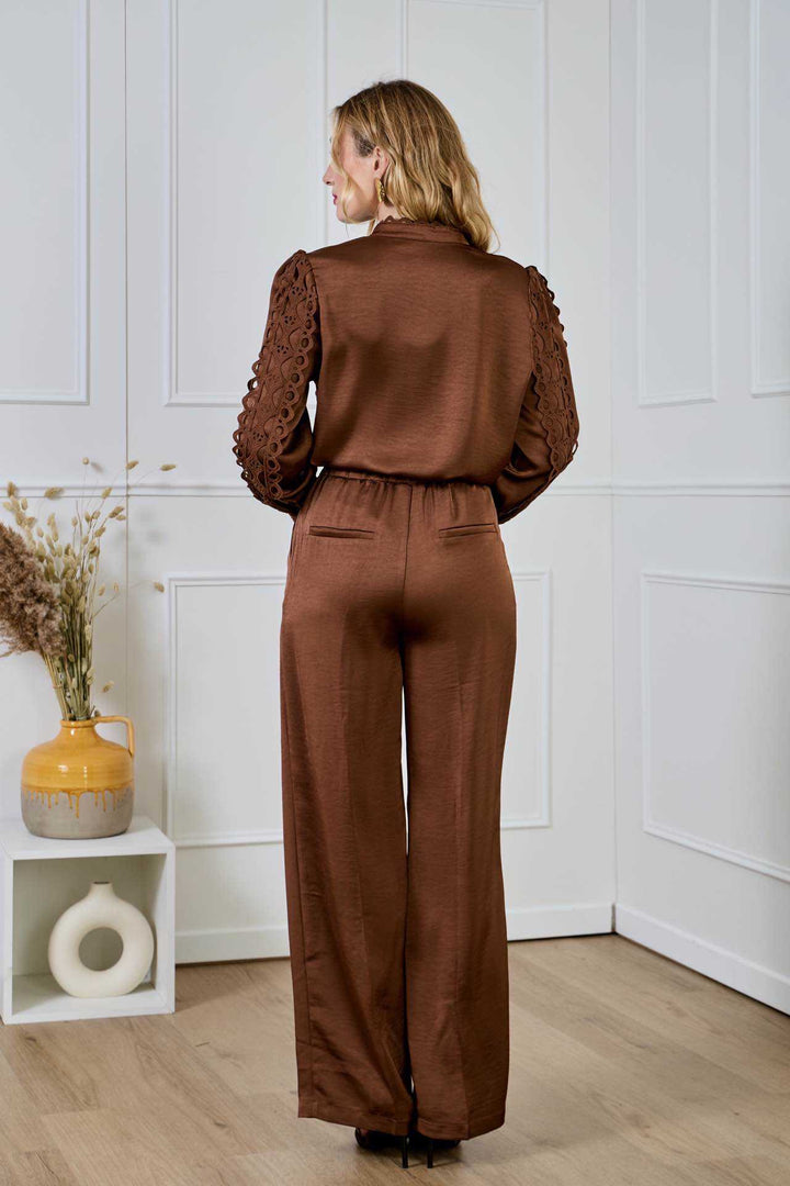 Σατέν παντελόνι σε ίσια γραμμή καφέ -  LULUMARY- Brown / M-Brown / L-Brown / S