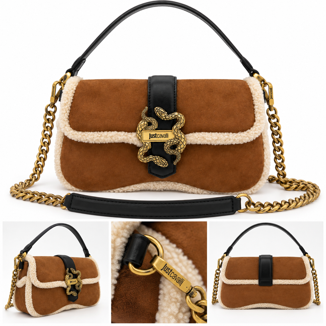 JUST CAVALLI Τσάντα Ώμου με Shearling και Χρυσό Snake Logo /81RA4BA1ZSE75