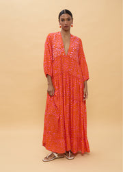 LOLA CASADEMUNT Long Sleeve Printed Maxi Dress /LS2616079 -  LOLA CASADEMUNT- Orange / S-Orange / M-Orange / L-Orange / XL