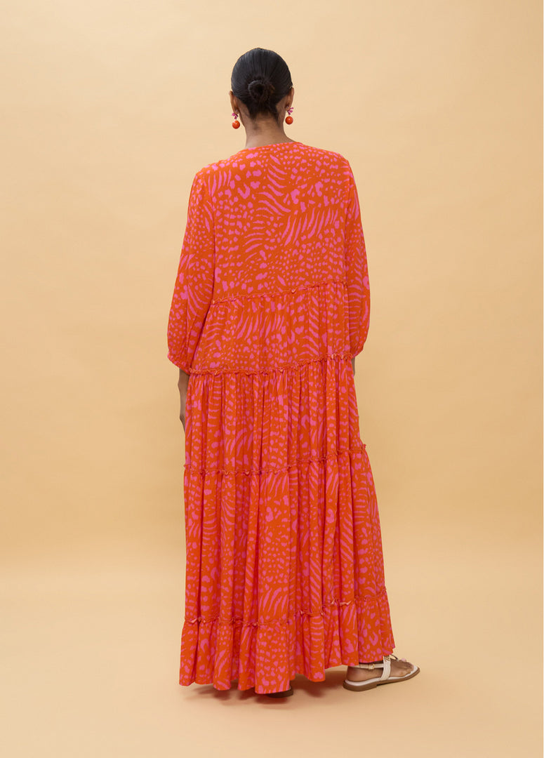 LOLA CASADEMUNT Long Sleeve Printed Maxi Dress /LS2616079 -  LOLA CASADEMUNT- Orange / S-Orange / M-Orange / L-Orange / XL