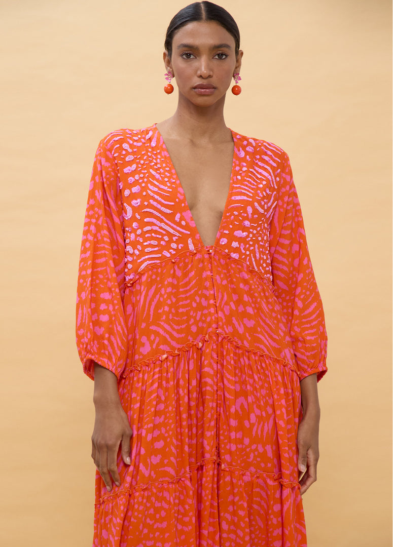 LOLA CASADEMUNT Long Sleeve Printed Maxi Dress /LS2616079 -  LOLA CASADEMUNT- Orange / S-Orange / M-Orange / L-Orange / XL