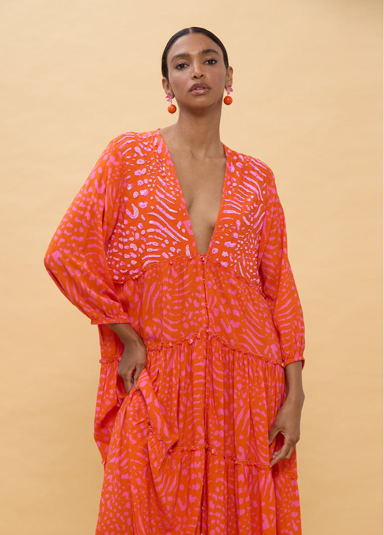 LOLA CASADEMUNT Long Sleeve Printed Maxi Dress /LS2616079 -  LOLA CASADEMUNT- Orange / S-Orange / M-Orange / L-Orange / XL