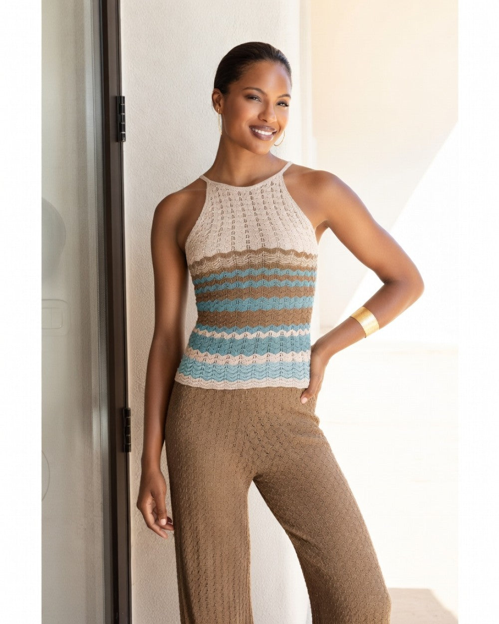 AGGEL Zigzag Lurex Top Beige-Teal  / 1142K