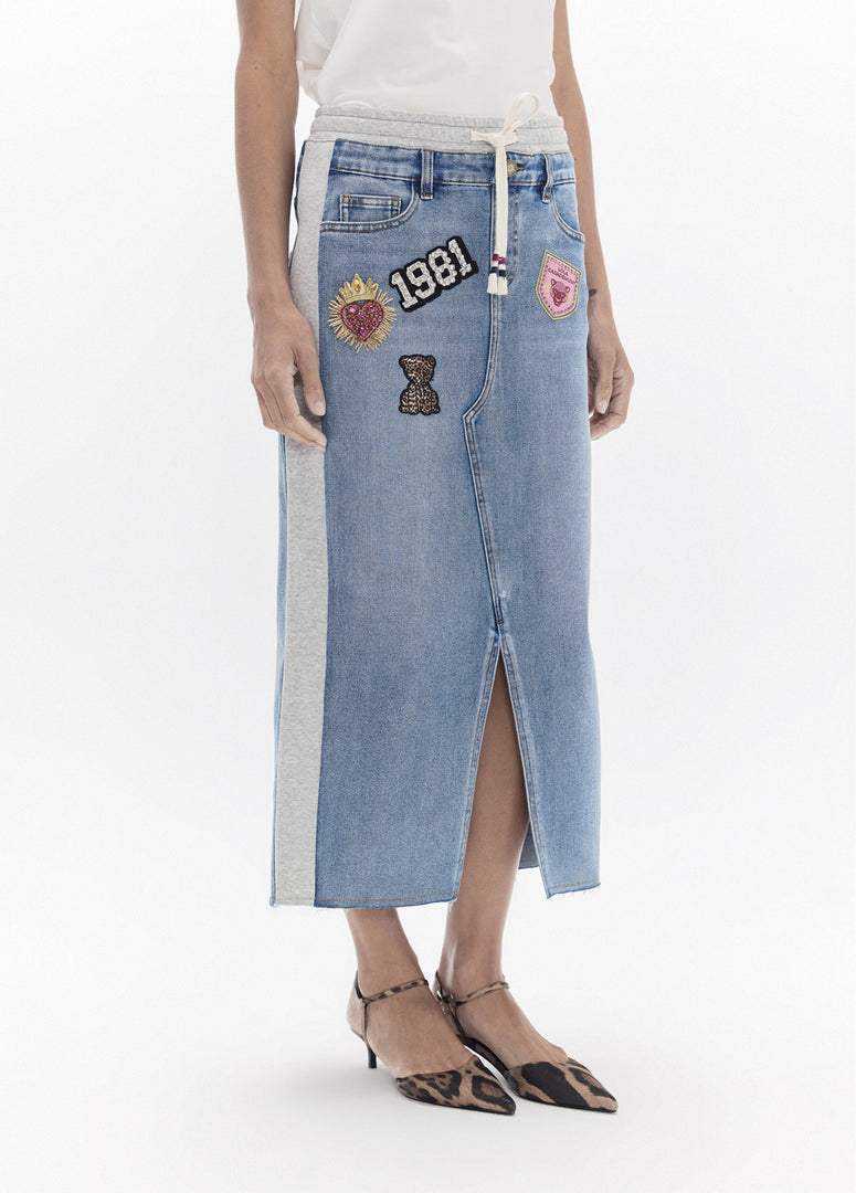 LOLA CASADEMUNT Φούστα με Συνδυασμό Υφασμάτων Denim & Jersey και Patches /LF2608005