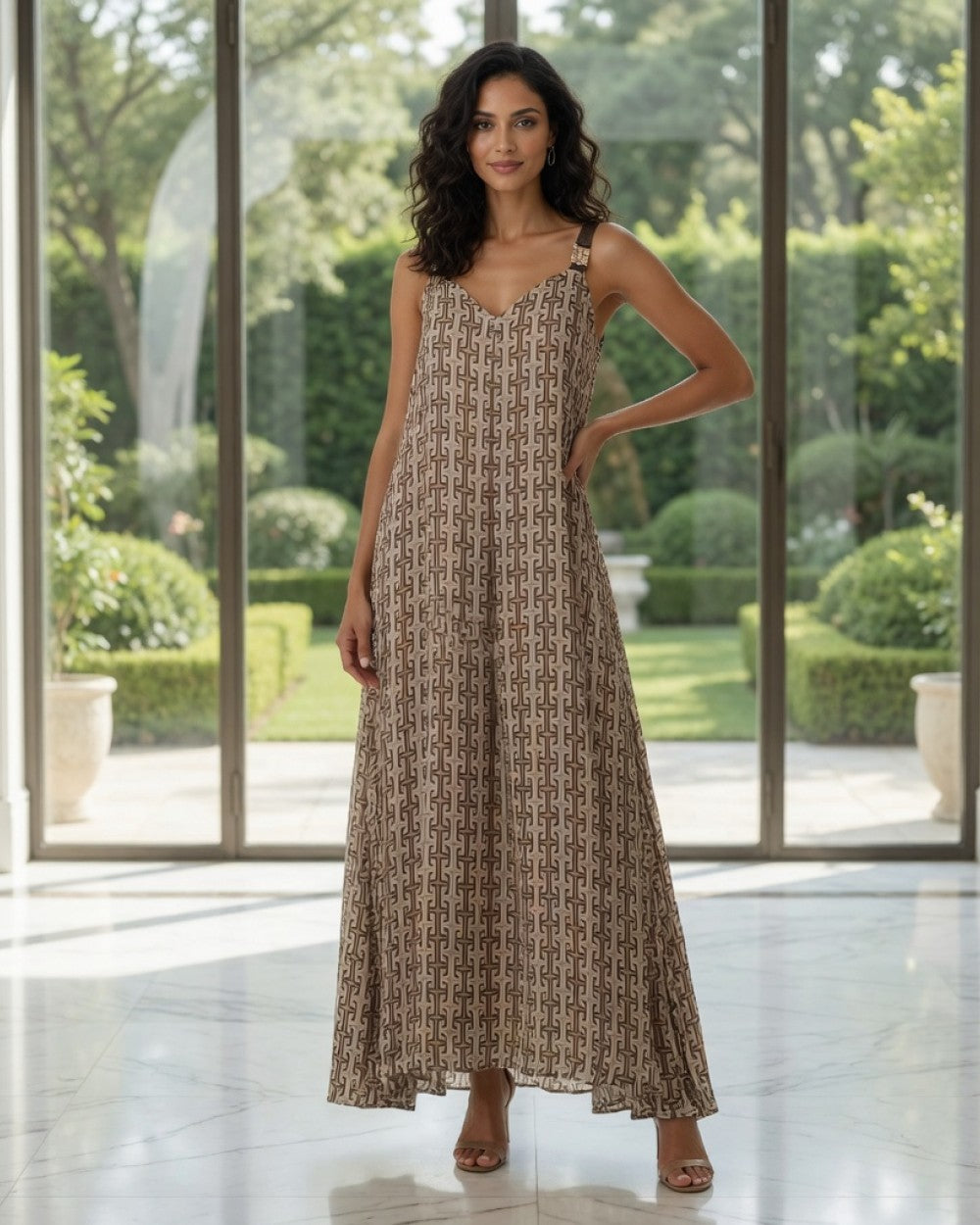 AGGEL Monogram Satin Maxi Φόρεμα
