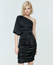 Φόρεμα σατέν ένας ώμος σούρες/ 33-3005 -  ACCESS FASHION- Black / 46