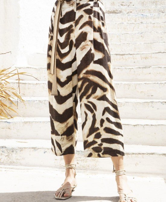 Λινό κοντό animal print παντελόνι με πλεκτές λεπτομέρειες