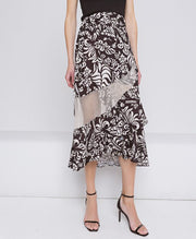 Φούστα εμπριμέ με δίχτυ και βολάν / 43-6001 -  ACCESS FASHION- Brown / 44