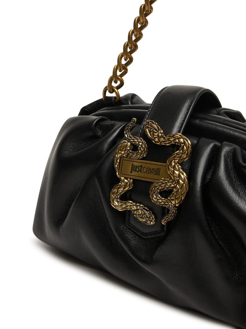 JUST CAVALLI Iconic Snakes Μαύρη Τσάντα Ώμου με Χρυσή Αλυσίδα