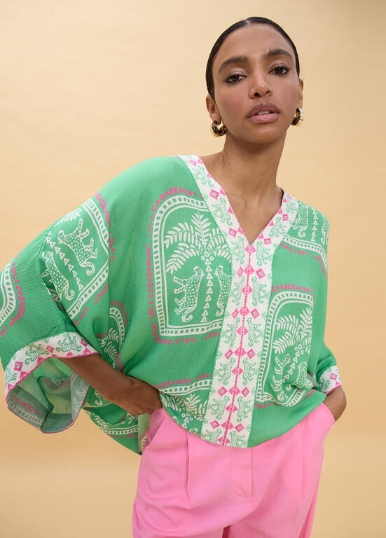 LOLA CASADEMUNT Kimono Top με Ethnic Print και V-Λαιμόκοψη