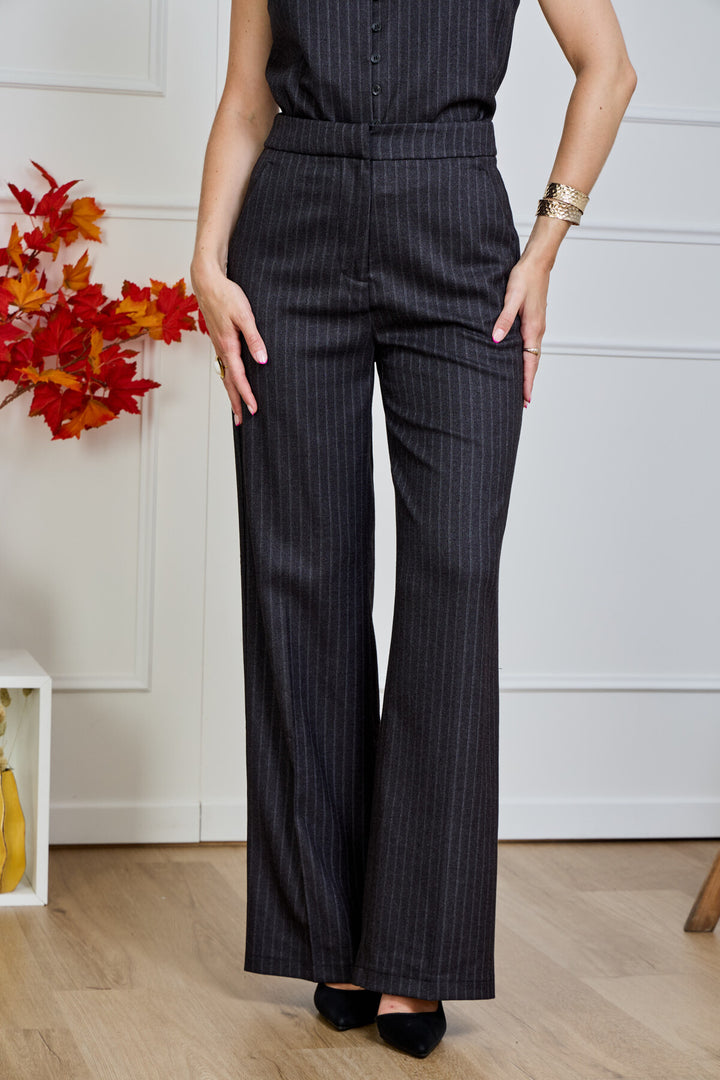 Παντελόνι Flannel Ριγέ Wide Leg Μαύρο