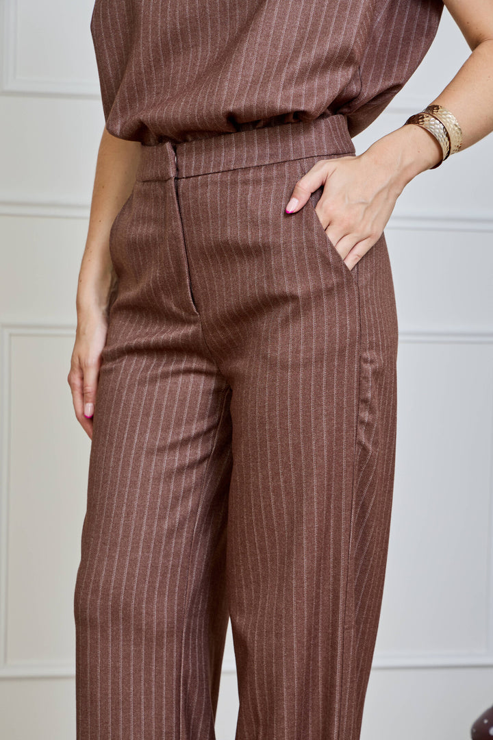 Παντελόνι Flannel Ριγέ Wide Leg Καφέ