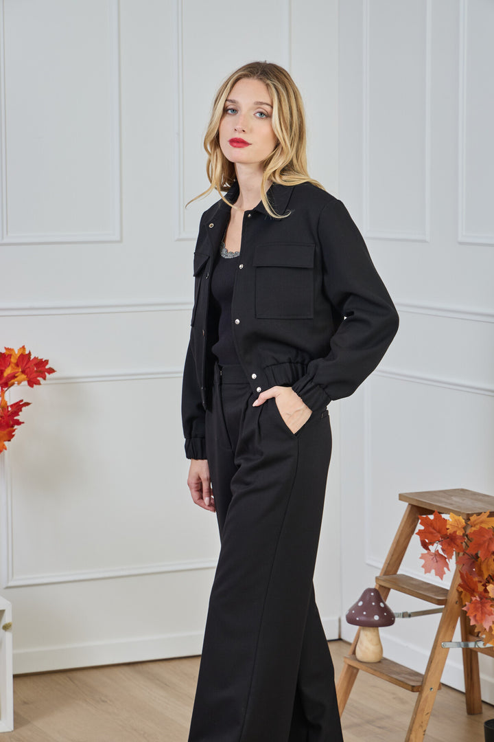 Παντελόνι Wide Leg Εμπριμέ Υφή Μαύρο