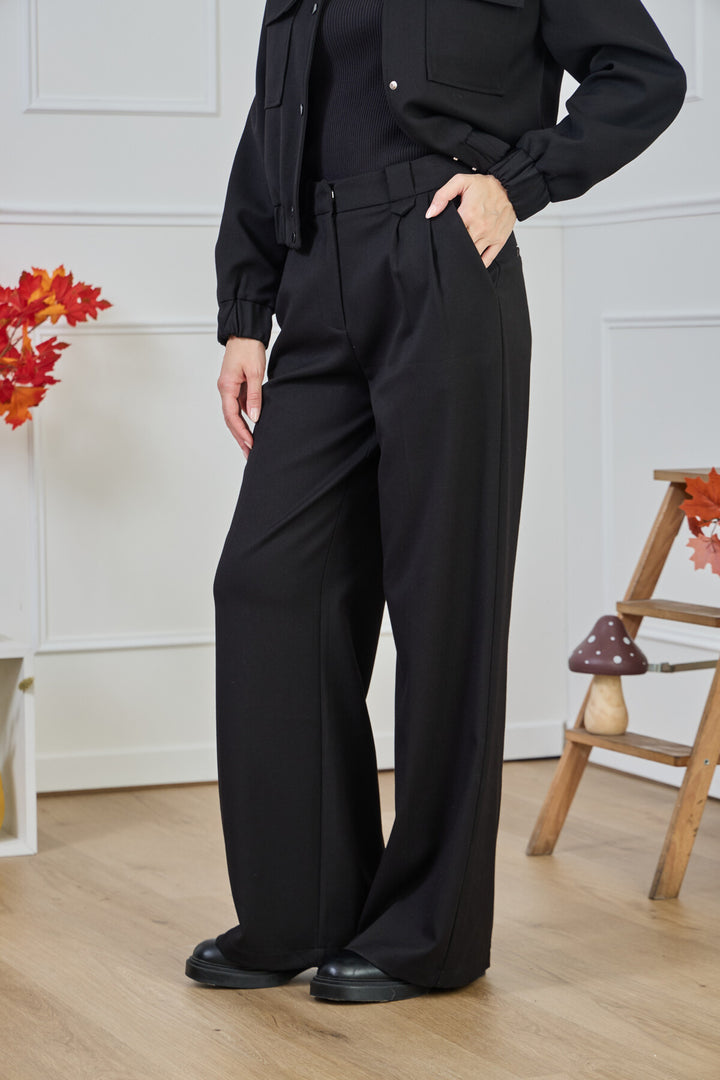 Παντελόνι Wide Leg Εμπριμέ Υφή Μαύρο
