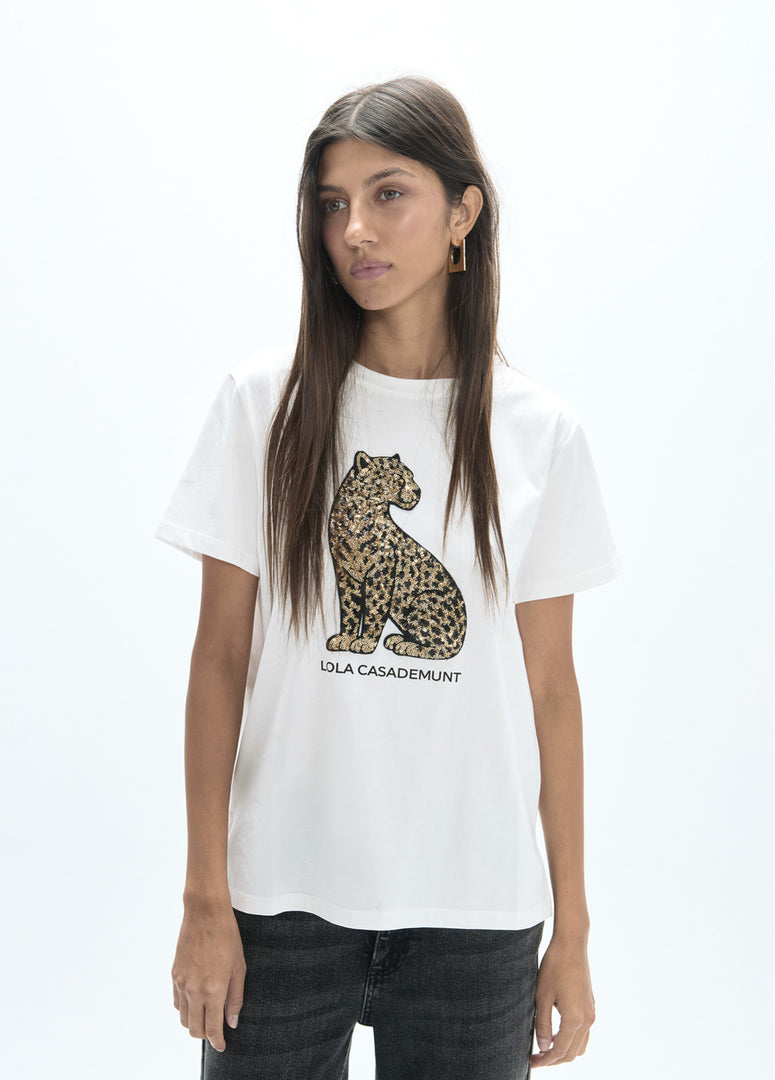 LOLA CASADEMUNT T-Shirt με Στρογγυλή Λαιμόκοψη και Λεοπάρ με Παγιέτες