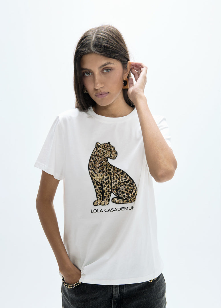 LOLA CASADEMUNT T-Shirt με Στρογγυλή Λαιμόκοψη και Λεοπάρ με Παγιέτες