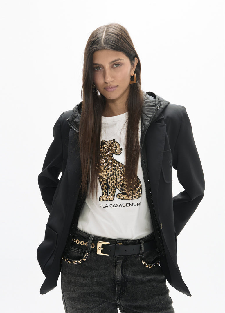LOLA CASADEMUNT T-Shirt με Στρογγυλή Λαιμόκοψη και Λεοπάρ με Παγιέτες